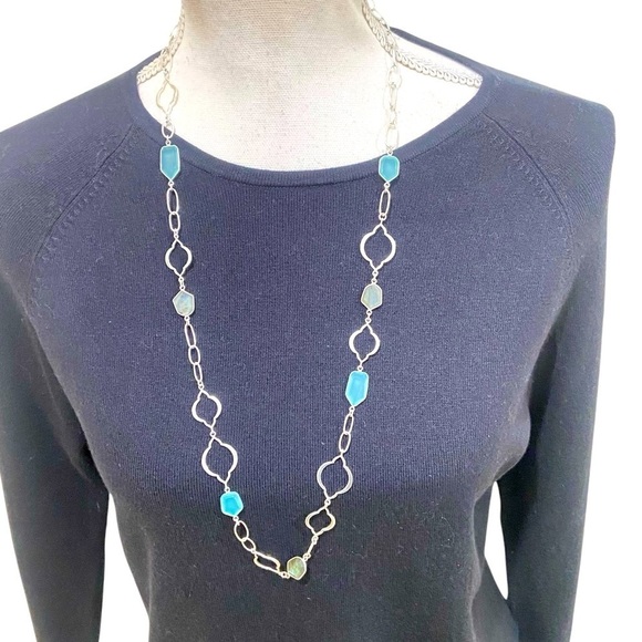 Stella & Dot sterling silver Arabesque link aqua & laborite long chain necklace - Picture 2 of 11